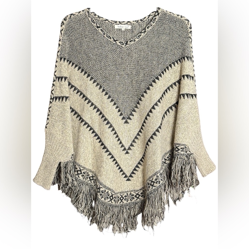 Indigo Soul Chevron Fringed Poncho - Black and Cream